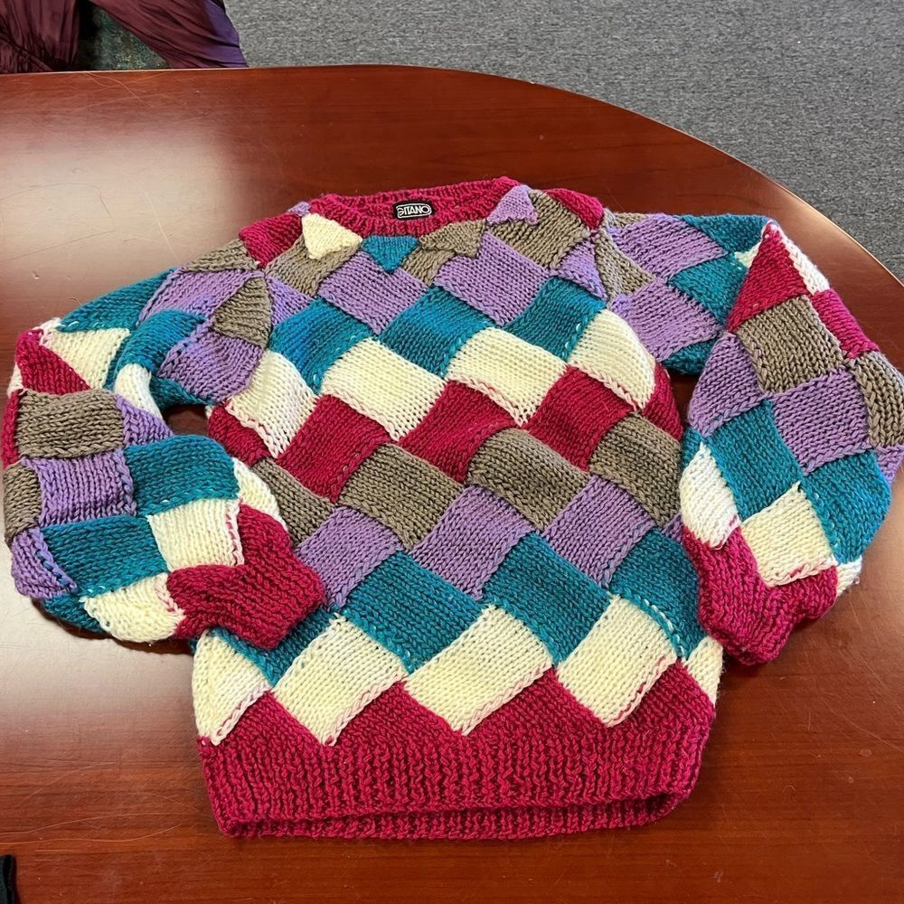 Vintage Gitano Acrylic Chunky Knit Woven Crewneck Sweater sz L EUC